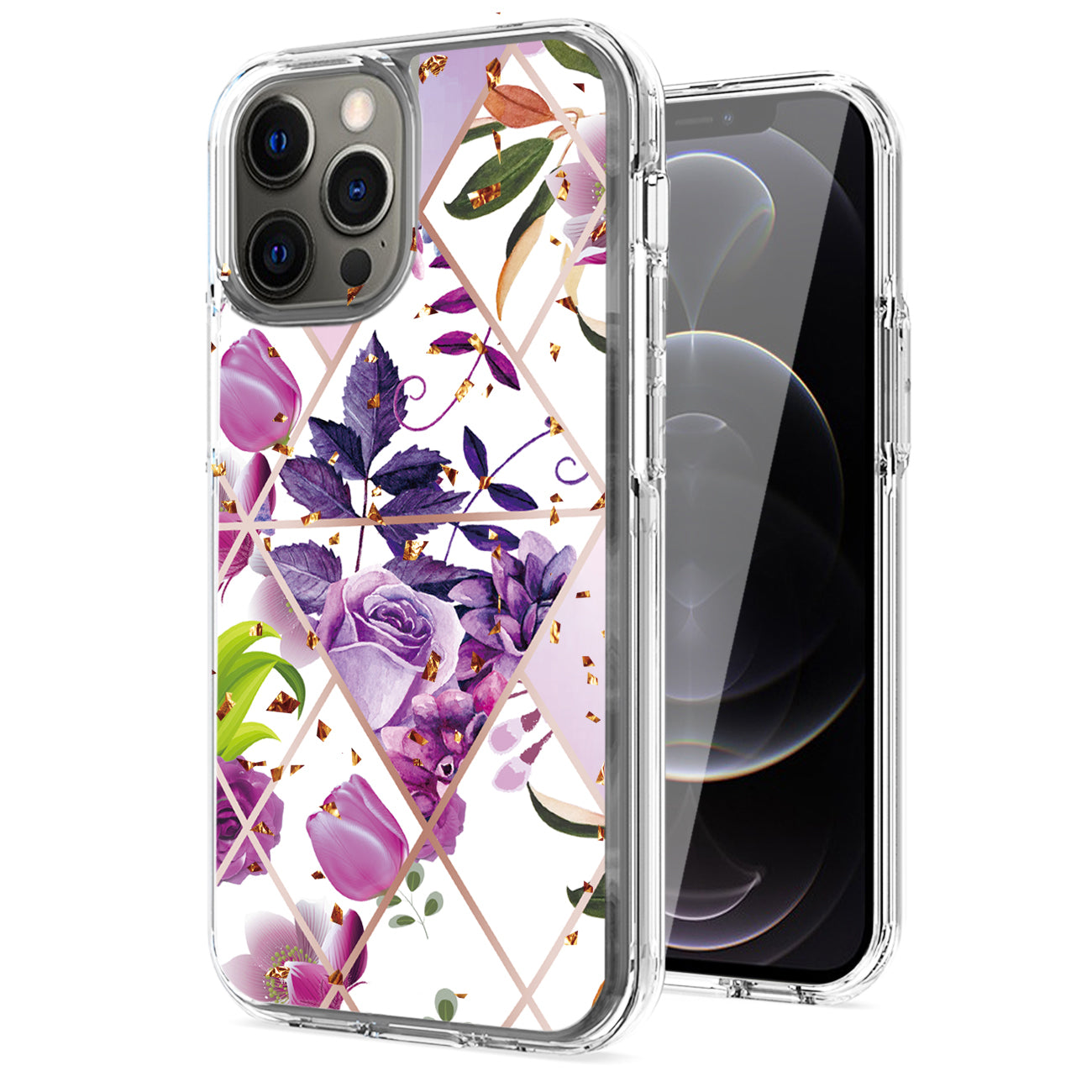 Flower Design Pattern Printing Dual Layer Hybrid Hard Plastic and Soft TPU Rubber Case Cover for APPLE IPHONE 12 PRO MAX In Purple Base Flower